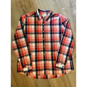 Lacoste Slim Fit Shirt 45 XL Red Navy Plaid Cotton Button Down Preppy NWOT
